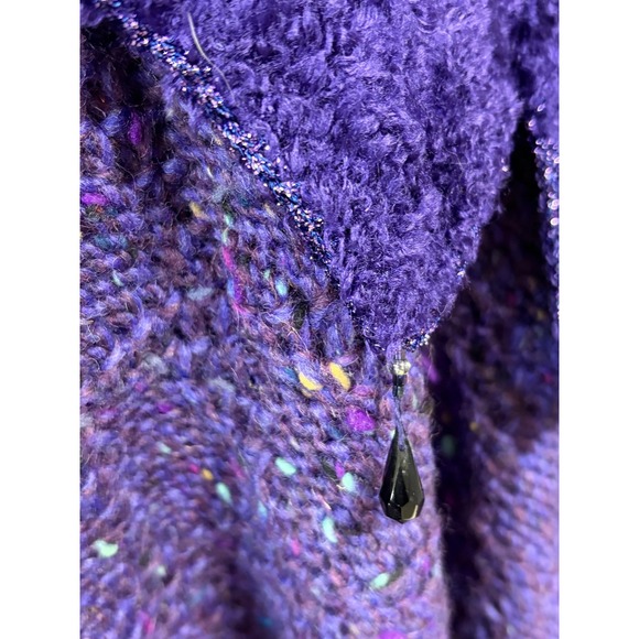 Vintage Purple Tweed Knit Sweater Womens Large Beaded Dolman Cardigan Cape 80s - Picture 7 of 16